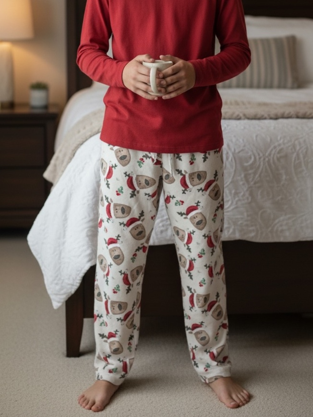 Burt's Bees Cream Pajama Pants with Red Holiday Moose Print